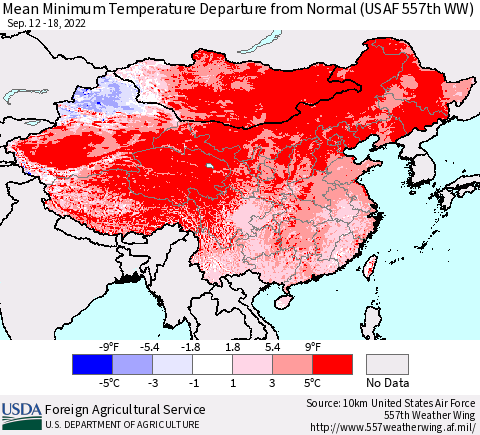 China, Mongolia and Taiwan Mean Minimum Temperature Departure from Normal (USAF 557th WW) Thematic Map For 9/12/2022 - 9/18/2022