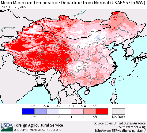 China, Mongolia and Taiwan Mean Minimum Temperature Departure from Normal (USAF 557th WW) Thematic Map For 9/19/2022 - 9/25/2022