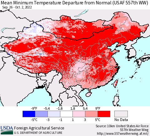 China, Mongolia and Taiwan Mean Minimum Temperature Departure from Normal (USAF 557th WW) Thematic Map For 9/26/2022 - 10/2/2022