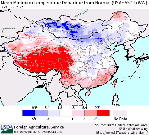 China, Mongolia and Taiwan Mean Minimum Temperature Departure from Normal (USAF 557th WW) Thematic Map For 10/3/2022 - 10/9/2022