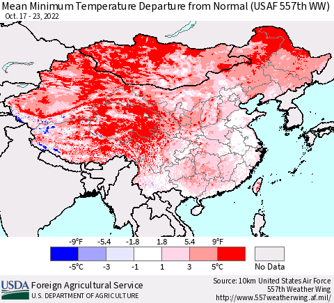 China, Mongolia and Taiwan Mean Minimum Temperature Departure from Normal (USAF 557th WW) Thematic Map For 10/17/2022 - 10/23/2022