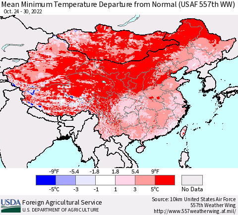 China, Mongolia and Taiwan Mean Minimum Temperature Departure from Normal (USAF 557th WW) Thematic Map For 10/24/2022 - 10/30/2022