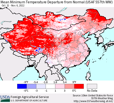 China, Mongolia and Taiwan Mean Minimum Temperature Departure from Normal (USAF 557th WW) Thematic Map For 10/31/2022 - 11/6/2022