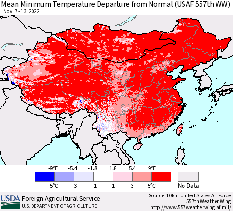 China, Mongolia and Taiwan Mean Minimum Temperature Departure from Normal (USAF 557th WW) Thematic Map For 11/7/2022 - 11/13/2022