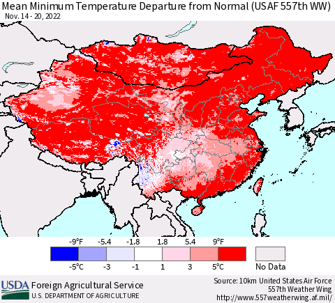 China, Mongolia and Taiwan Mean Minimum Temperature Departure from Normal (USAF 557th WW) Thematic Map For 11/14/2022 - 11/20/2022