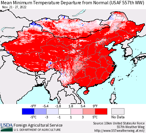 China, Mongolia and Taiwan Mean Minimum Temperature Departure from Normal (USAF 557th WW) Thematic Map For 11/21/2022 - 11/27/2022
