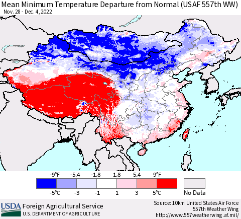 China, Mongolia and Taiwan Mean Minimum Temperature Departure from Normal (USAF 557th WW) Thematic Map For 11/28/2022 - 12/4/2022
