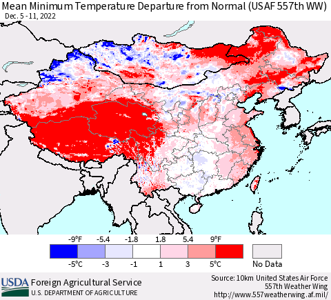 China, Mongolia and Taiwan Mean Minimum Temperature Departure from Normal (USAF 557th WW) Thematic Map For 12/5/2022 - 12/11/2022