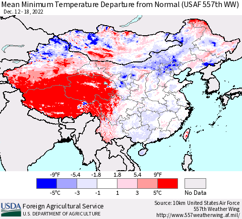 China, Mongolia and Taiwan Mean Minimum Temperature Departure from Normal (USAF 557th WW) Thematic Map For 12/12/2022 - 12/18/2022