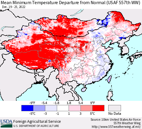 China, Mongolia and Taiwan Mean Minimum Temperature Departure from Normal (USAF 557th WW) Thematic Map For 12/19/2022 - 12/25/2022