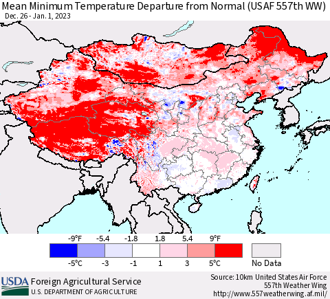 China, Mongolia and Taiwan Mean Minimum Temperature Departure from Normal (USAF 557th WW) Thematic Map For 12/26/2022 - 1/1/2023
