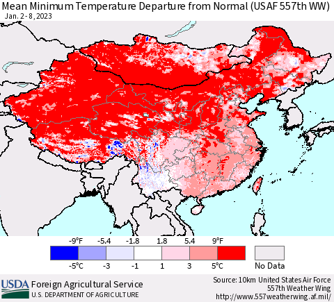 China, Mongolia and Taiwan Mean Minimum Temperature Departure from Normal (USAF 557th WW) Thematic Map For 1/2/2023 - 1/8/2023
