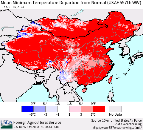 China, Mongolia and Taiwan Mean Minimum Temperature Departure from Normal (USAF 557th WW) Thematic Map For 1/9/2023 - 1/15/2023