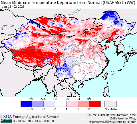 China, Mongolia and Taiwan Mean Minimum Temperature Departure from Normal (USAF 557th WW) Thematic Map For 1/16/2023 - 1/22/2023
