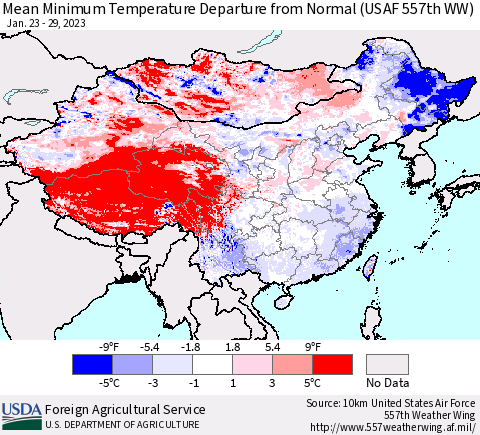 China, Mongolia and Taiwan Mean Minimum Temperature Departure from Normal (USAF 557th WW) Thematic Map For 1/23/2023 - 1/29/2023