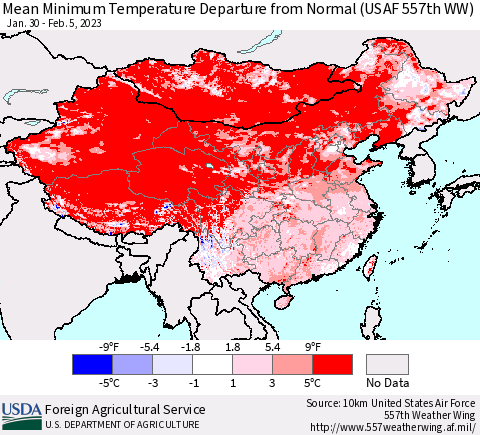 China, Mongolia and Taiwan Mean Minimum Temperature Departure from Normal (USAF 557th WW) Thematic Map For 1/30/2023 - 2/5/2023