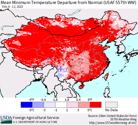 China, Mongolia and Taiwan Mean Minimum Temperature Departure from Normal (USAF 557th WW) Thematic Map For 2/6/2023 - 2/12/2023