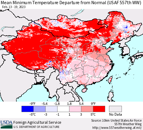 China, Mongolia and Taiwan Mean Minimum Temperature Departure from Normal (USAF 557th WW) Thematic Map For 2/13/2023 - 2/19/2023