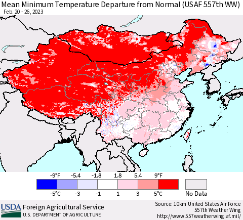 China, Mongolia and Taiwan Mean Minimum Temperature Departure from Normal (USAF 557th WW) Thematic Map For 2/20/2023 - 2/26/2023