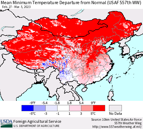 China, Mongolia and Taiwan Mean Minimum Temperature Departure from Normal (USAF 557th WW) Thematic Map For 2/27/2023 - 3/5/2023