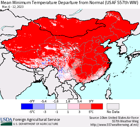 China, Mongolia and Taiwan Mean Minimum Temperature Departure from Normal (USAF 557th WW) Thematic Map For 3/6/2023 - 3/12/2023