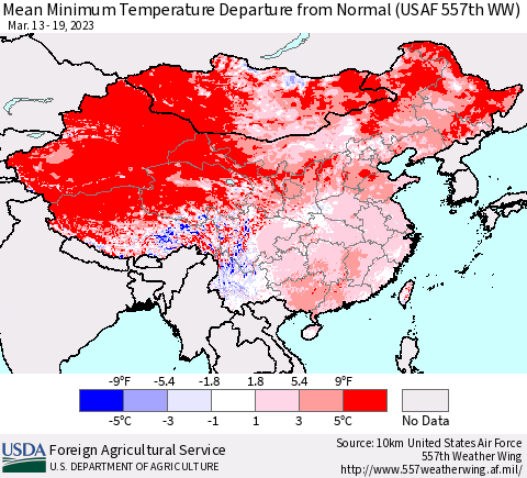 China, Mongolia and Taiwan Mean Minimum Temperature Departure from Normal (USAF 557th WW) Thematic Map For 3/13/2023 - 3/19/2023
