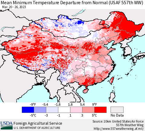 China, Mongolia and Taiwan Mean Minimum Temperature Departure from Normal (USAF 557th WW) Thematic Map For 3/20/2023 - 3/26/2023