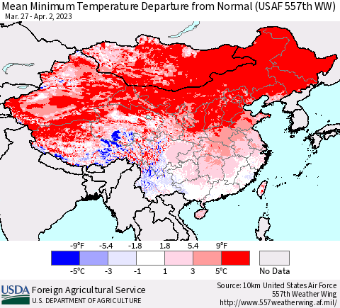 China, Mongolia and Taiwan Mean Minimum Temperature Departure from Normal (USAF 557th WW) Thematic Map For 3/27/2023 - 4/2/2023