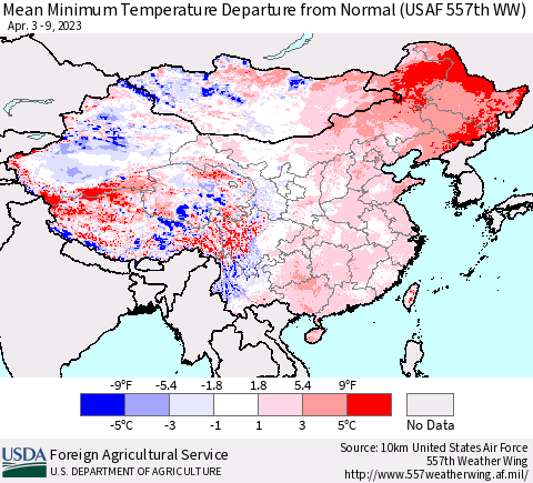 China, Mongolia and Taiwan Mean Minimum Temperature Departure from Normal (USAF 557th WW) Thematic Map For 4/3/2023 - 4/9/2023
