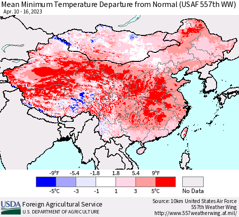 China, Mongolia and Taiwan Mean Minimum Temperature Departure from Normal (USAF 557th WW) Thematic Map For 4/10/2023 - 4/16/2023
