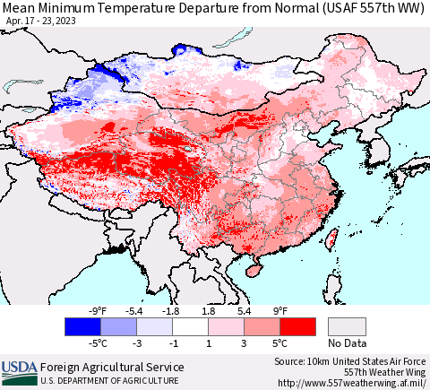 China, Mongolia and Taiwan Mean Minimum Temperature Departure from Normal (USAF 557th WW) Thematic Map For 4/17/2023 - 4/23/2023