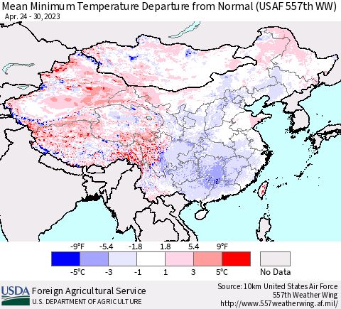 China, Mongolia and Taiwan Mean Minimum Temperature Departure from Normal (USAF 557th WW) Thematic Map For 4/24/2023 - 4/30/2023