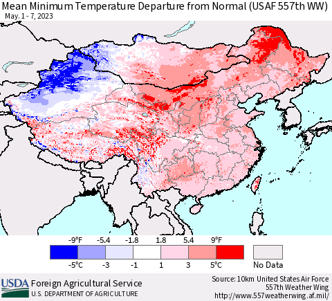 China, Mongolia and Taiwan Mean Minimum Temperature Departure from Normal (USAF 557th WW) Thematic Map For 5/1/2023 - 5/7/2023