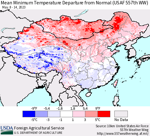 China, Mongolia and Taiwan Mean Minimum Temperature Departure from Normal (USAF 557th WW) Thematic Map For 5/8/2023 - 5/14/2023