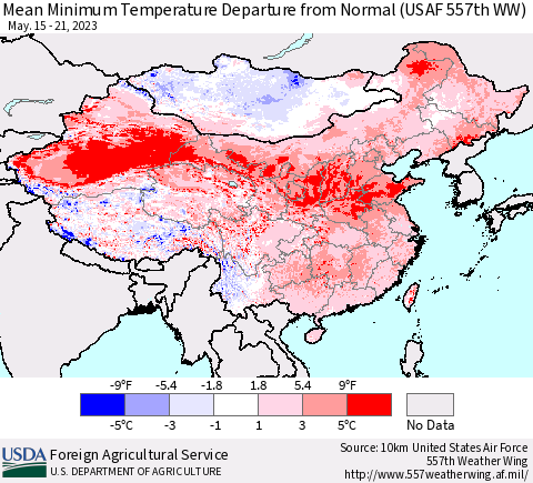 China, Mongolia and Taiwan Mean Minimum Temperature Departure from Normal (USAF 557th WW) Thematic Map For 5/15/2023 - 5/21/2023