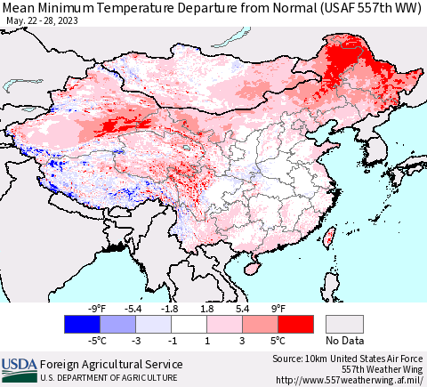 China, Mongolia and Taiwan Mean Minimum Temperature Departure from Normal (USAF 557th WW) Thematic Map For 5/22/2023 - 5/28/2023