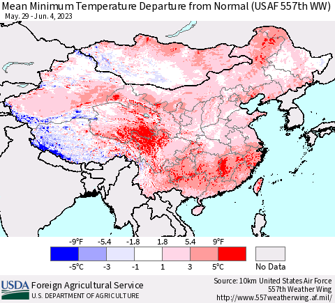China, Mongolia and Taiwan Mean Minimum Temperature Departure from Normal (USAF 557th WW) Thematic Map For 5/29/2023 - 6/4/2023