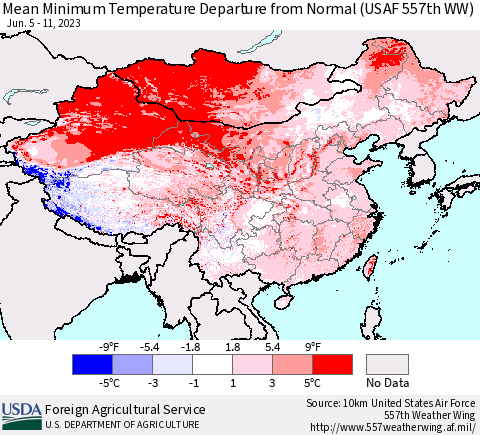 China, Mongolia and Taiwan Mean Minimum Temperature Departure from Normal (USAF 557th WW) Thematic Map For 6/5/2023 - 6/11/2023