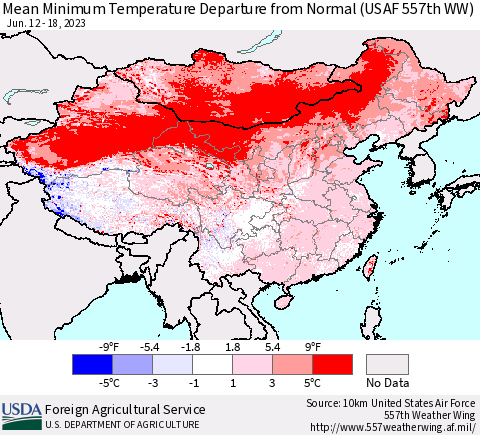 China, Mongolia and Taiwan Mean Minimum Temperature Departure from Normal (USAF 557th WW) Thematic Map For 6/12/2023 - 6/18/2023