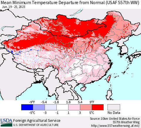 China, Mongolia and Taiwan Mean Minimum Temperature Departure from Normal (USAF 557th WW) Thematic Map For 6/19/2023 - 6/25/2023