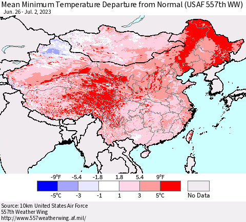 China, Mongolia and Taiwan Mean Minimum Temperature Departure from Normal (USAF 557th WW) Thematic Map For 6/26/2023 - 7/2/2023