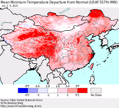 China, Mongolia and Taiwan Mean Minimum Temperature Departure from Normal (USAF 557th WW) Thematic Map For 7/3/2023 - 7/9/2023