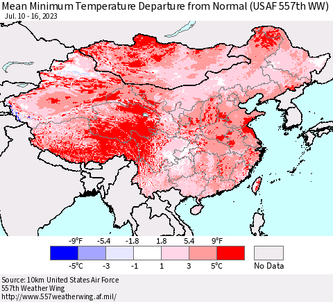 China, Mongolia and Taiwan Mean Minimum Temperature Departure from Normal (USAF 557th WW) Thematic Map For 7/10/2023 - 7/16/2023