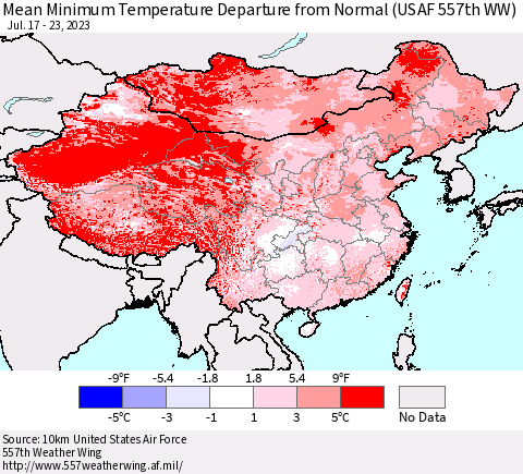 China, Mongolia and Taiwan Mean Minimum Temperature Departure from Normal (USAF 557th WW) Thematic Map For 7/17/2023 - 7/23/2023