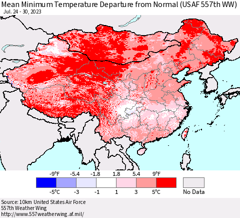 China, Mongolia and Taiwan Mean Minimum Temperature Departure from Normal (USAF 557th WW) Thematic Map For 7/24/2023 - 7/30/2023