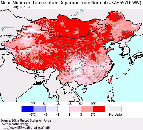 China, Mongolia and Taiwan Mean Minimum Temperature Departure from Normal (USAF 557th WW) Thematic Map For 7/31/2023 - 8/6/2023