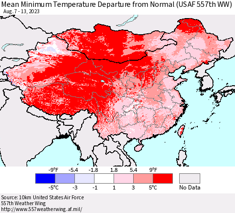 China, Mongolia and Taiwan Mean Minimum Temperature Departure from Normal (USAF 557th WW) Thematic Map For 8/7/2023 - 8/13/2023