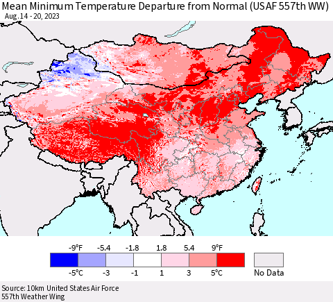 China, Mongolia and Taiwan Mean Minimum Temperature Departure from Normal (USAF 557th WW) Thematic Map For 8/14/2023 - 8/20/2023
