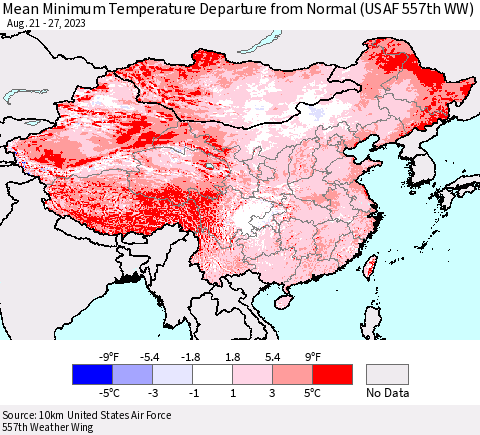 China, Mongolia and Taiwan Mean Minimum Temperature Departure from Normal (USAF 557th WW) Thematic Map For 8/21/2023 - 8/27/2023