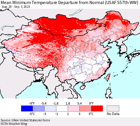 China, Mongolia and Taiwan Mean Minimum Temperature Departure from Normal (USAF 557th WW) Thematic Map For 8/28/2023 - 9/3/2023